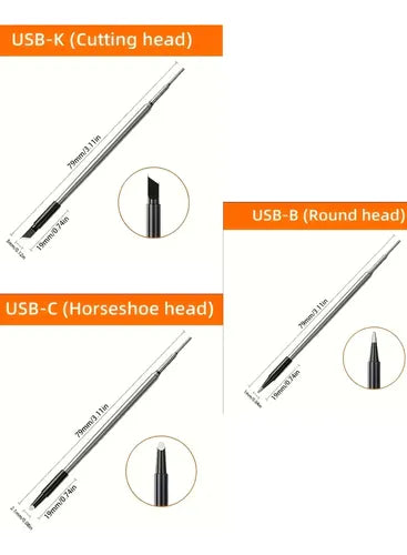Set de 3 Puntas para Cautín Portátil USB - Cónica, Cuchilla y Bisel