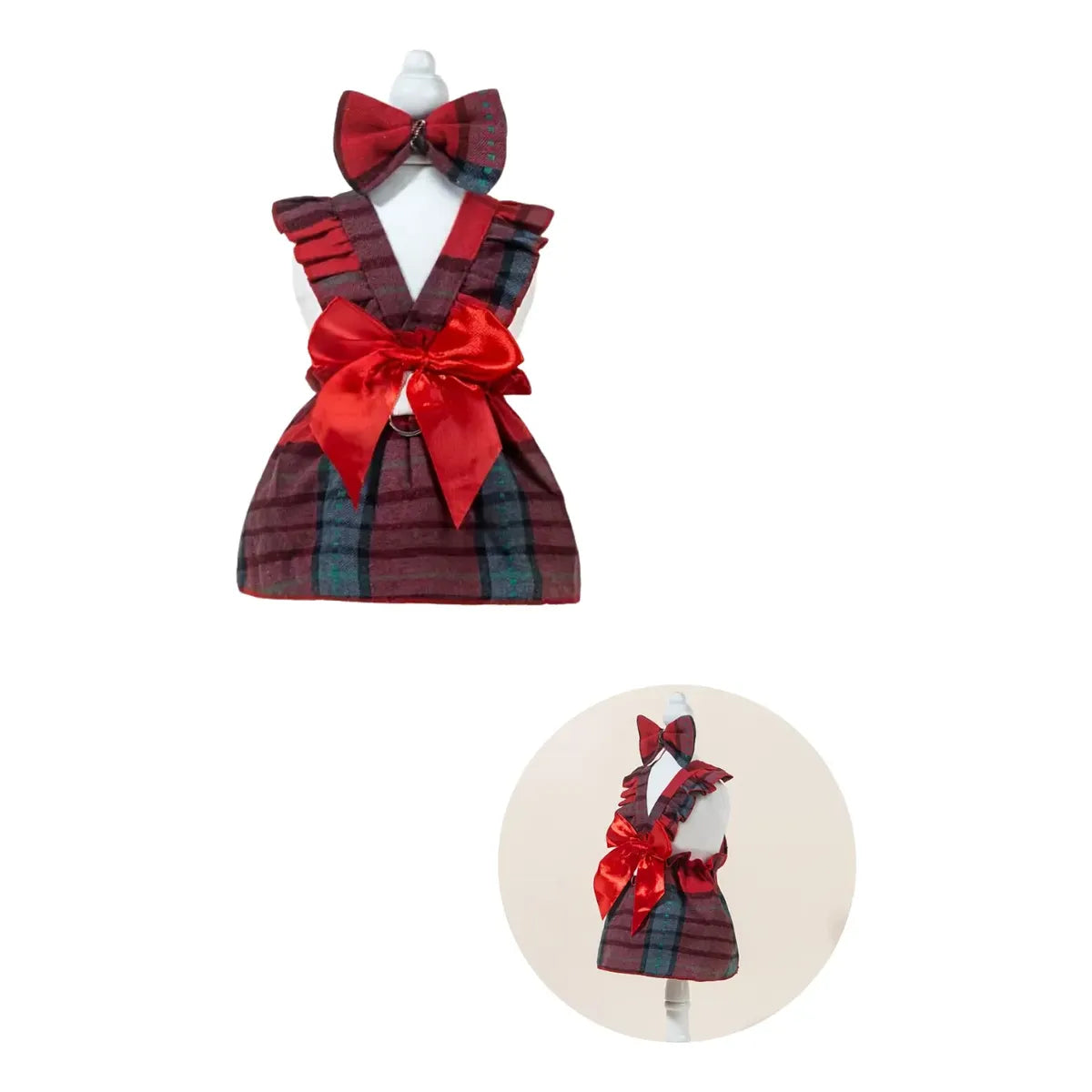 Vestido Navideño a Cuadros con Lazo para Perros y Gatos – Talla M, Rojo