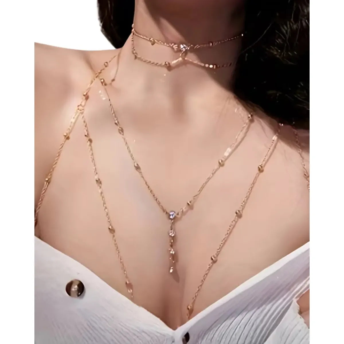 Cadena de Pecho con Piedras Brillantes Plateado y Dorado – Marca JW