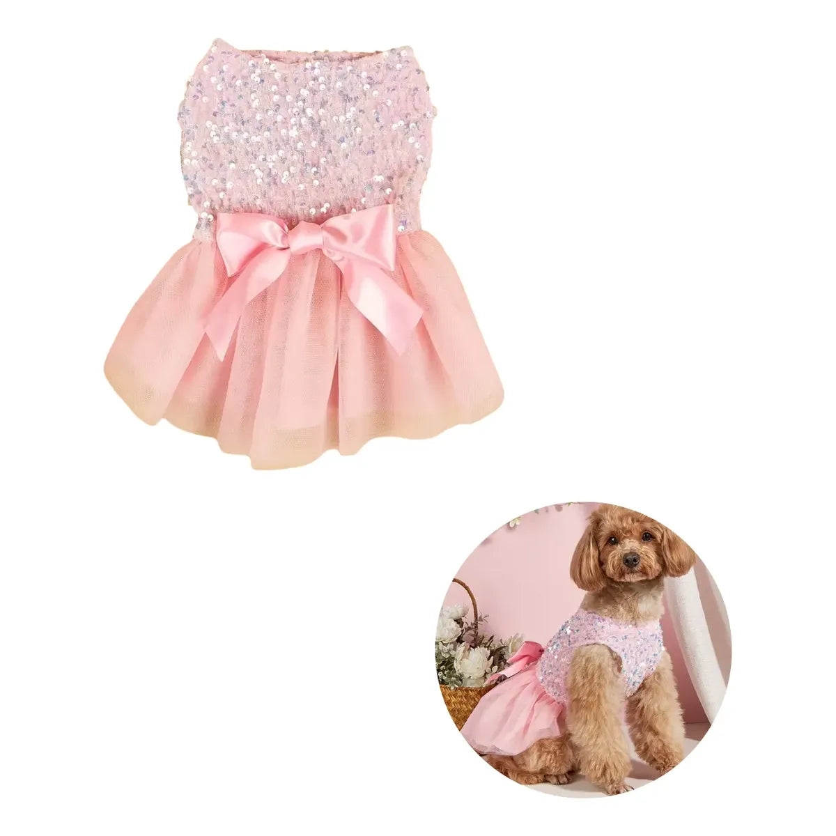 Vestido de Lentejuelas y Tul con Lazo para Perros y Gatos – Talla S