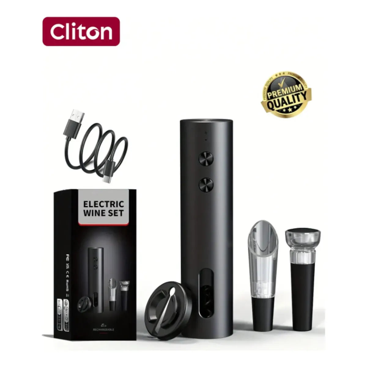 Set Abridor de Vino Estilo Clásico Negro de 4 Piezas – Marca Clinton