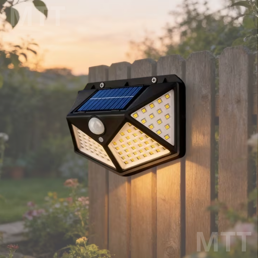 Foco Lámpara Solar de Pared Exterior 100 LED con Sensor de Movimiento (7W) – 3 Modos, Luz Blanco Cálido