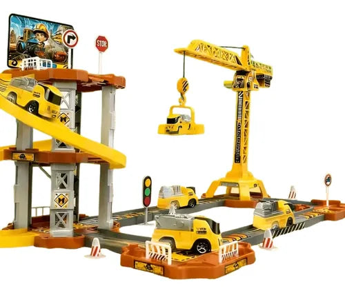 Pista De Juguete De Construcción Con Grúa Y Estacionamiento