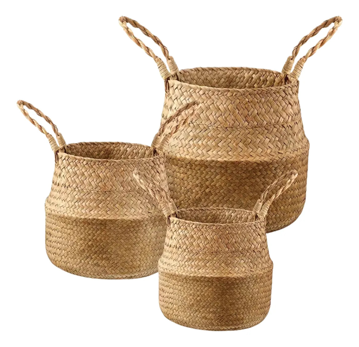 Set de 3 Cestas Plegables de Paja con Asas Para Plantas