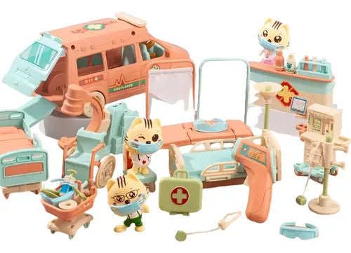 Set de Juego Hospital Ambulancia con Mascotas y Doctor Gatos