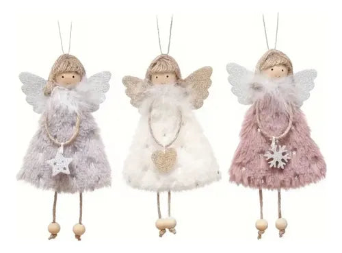 Set de 3 Adornos Navideños de Ángeles de Peluche Colgantes