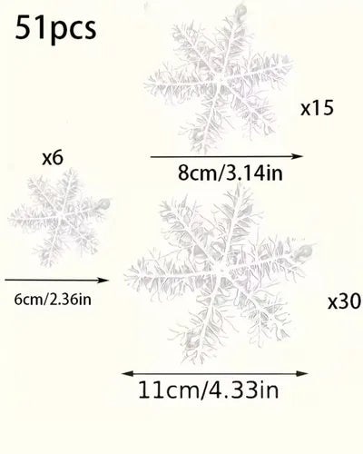 Set de 51 Copos de Nieve Navideños de Plástico Blanco en 3 Tamaños