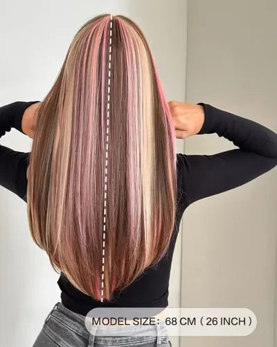 Peluca Larga Lisa Estilo Calicó con Flequillo y Mechas Rosas
