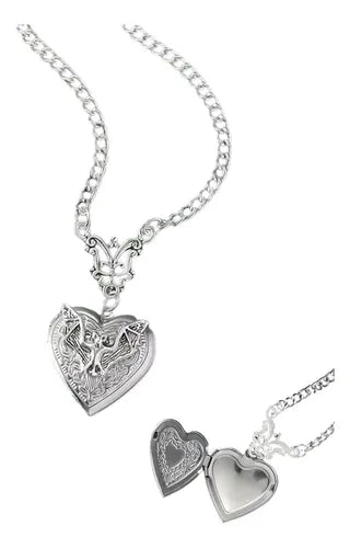 Collar Relicario Gótico Murciélago Corazón de Acero Inoxidable