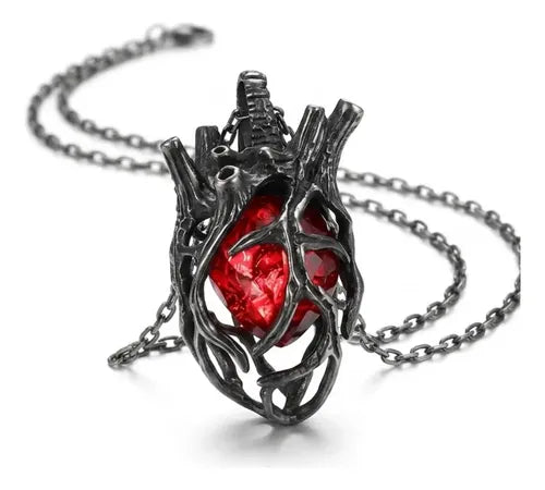 Collar Colgante Dije Corazón Gótico Retro Piedra Roja Negro