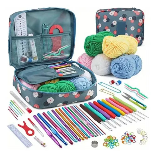 Set 107 Pzs Tejer Crochet Amigurumi Agujas Ganchillo Estuche Azul Acero