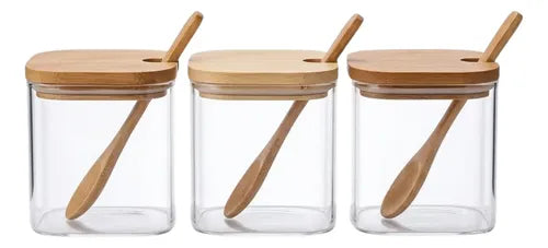 Set De 3 Frascos De Vidrio Para Especias Con Tapa Y Cuchara