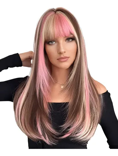 Peluca Larga Lisa Estilo Calicó con Flequillo y Mechas Rosas