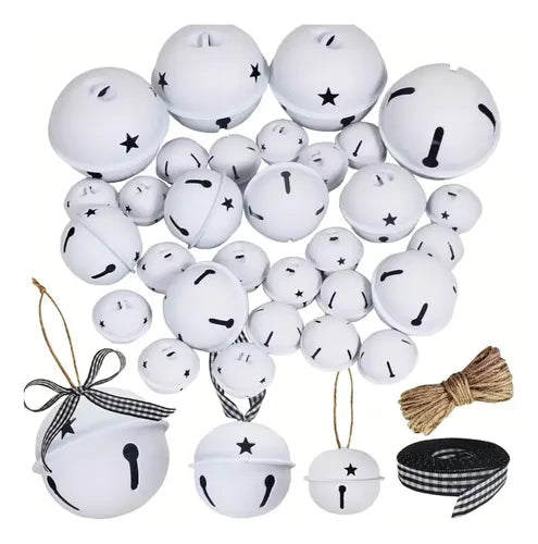 Kit de 30 Cascabeles Navideños Blancos con Cintas Decorativas