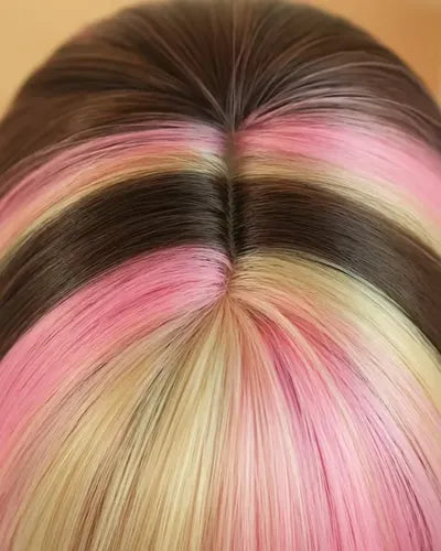 Peluca Larga Lisa Estilo Calicó con Flequillo y Mechas Rosas