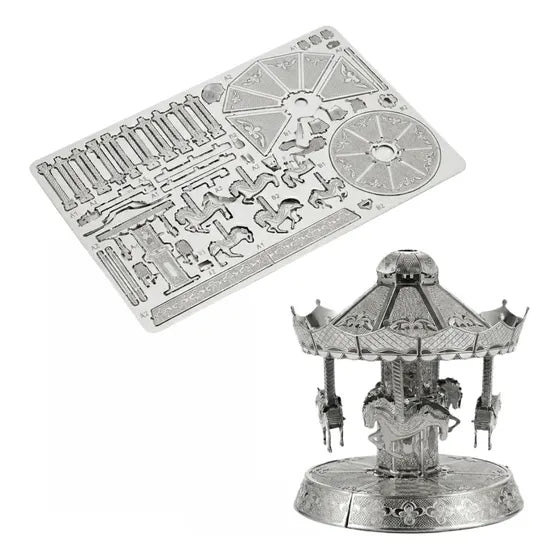 Maqueta metálica 3D plateada de carrusel para armar tipo rompecabezas DIY