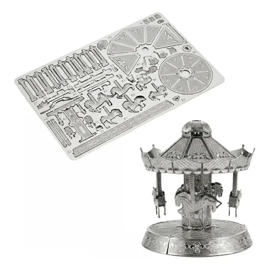 Maqueta metálica 3D plateada de carrusel para armar tipo rompecabezas DIY