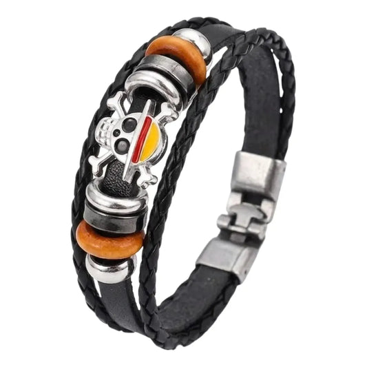 Pulsera de Cuero Trenzado Calavera One Piece Unisex
