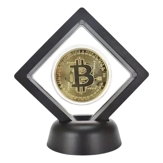 Moneda coleccionable de Bitcoin y Ethereum con marco flotante negro marca Carlene
