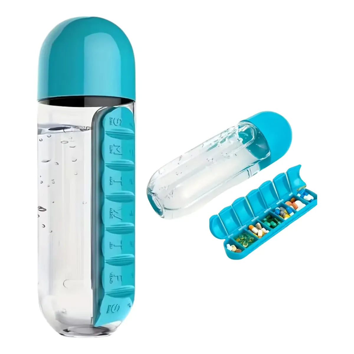 Termo Vaso Botella con Pastillero de 7 Días – Portátil, 600ml
