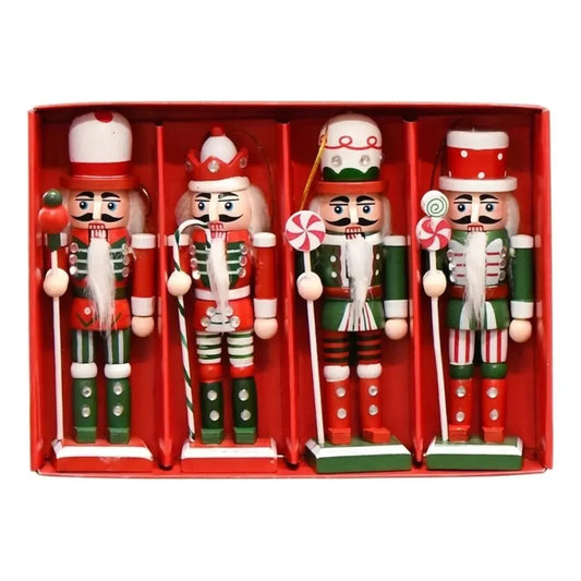 Figuras Cascanueces de Madera Navideños – Set de 4, Caja Roja