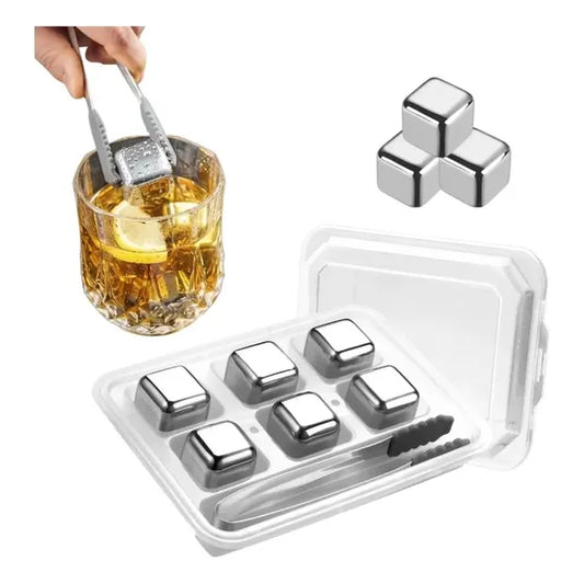 Set de seis cubos de hielo reutilizables de acero inoxidable para enfriar bebidas sin diluirlas