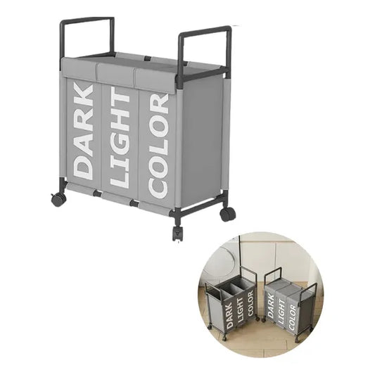 Cesto de ropa sucia rectangular con tres secciones y ruedas