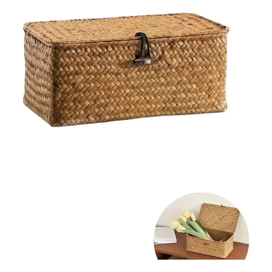 Caja organizadora de bambú tejida con tapa y hebilla