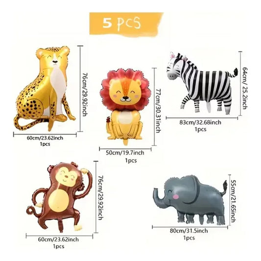 Set de 5 globos metalizados con diseños de animales de la selva