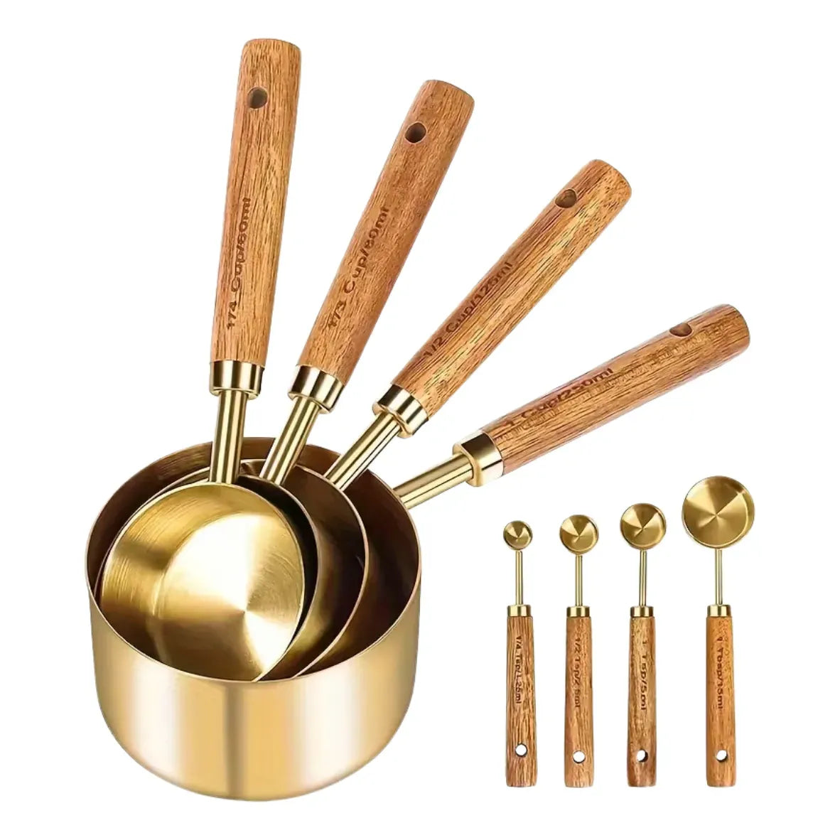 Set de Tazas y Cucharas Medidoras Doradas con Mango de Madera