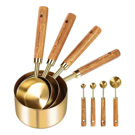 Set de Tazas y Cucharas Medidoras Doradas con Mango de Madera