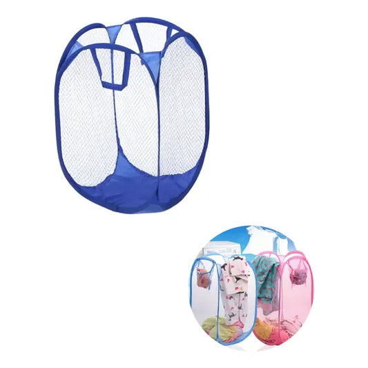 Cesto plegable de malla para ropa sucia.