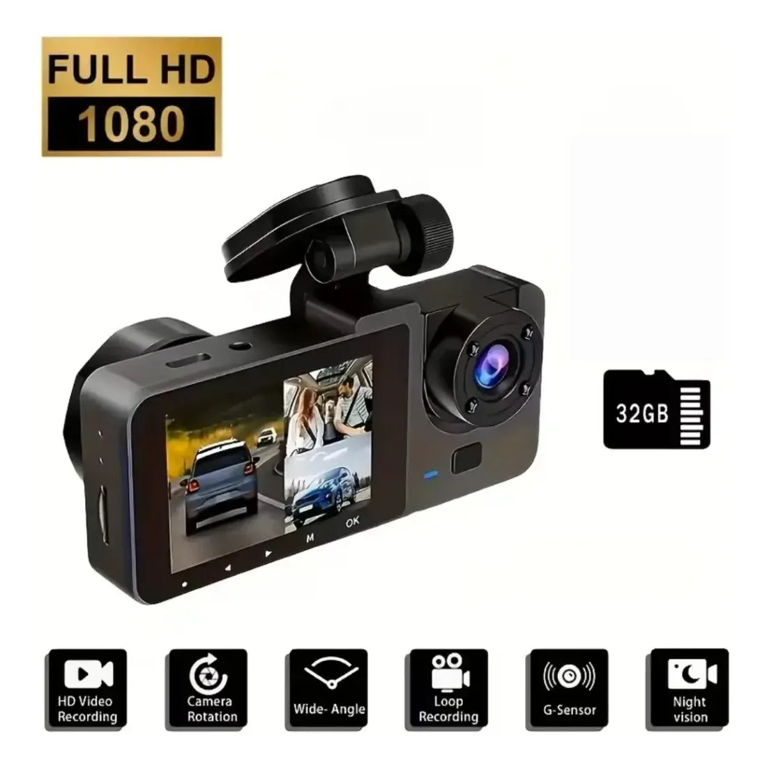 Dash Cam Doble Cámara 1080p Full HD con Visión Nocturna y SD 32GB – Marca cys