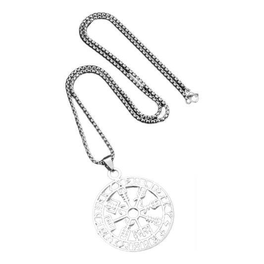 Collar Dije Vegvisir Brújula Vikinga en Acero Inoxidable – Runas, Plateado