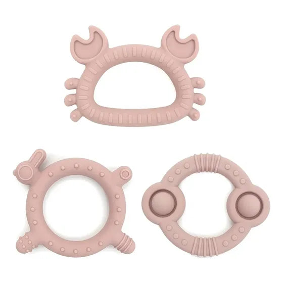 Set de mordedores de silicona para la dentición del bebé.