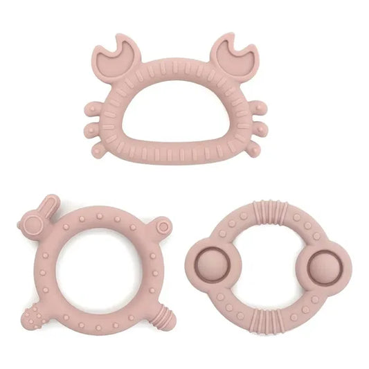 Set de mordedores de silicona para la dentición del bebé.